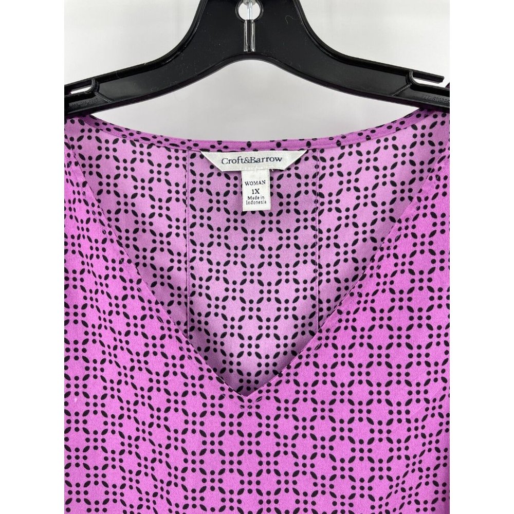 Croft Barrow Women's Plus Purple Geometric Print 3/4" Sleeve Top Blouse Size 1X - Picture 3 of 11
